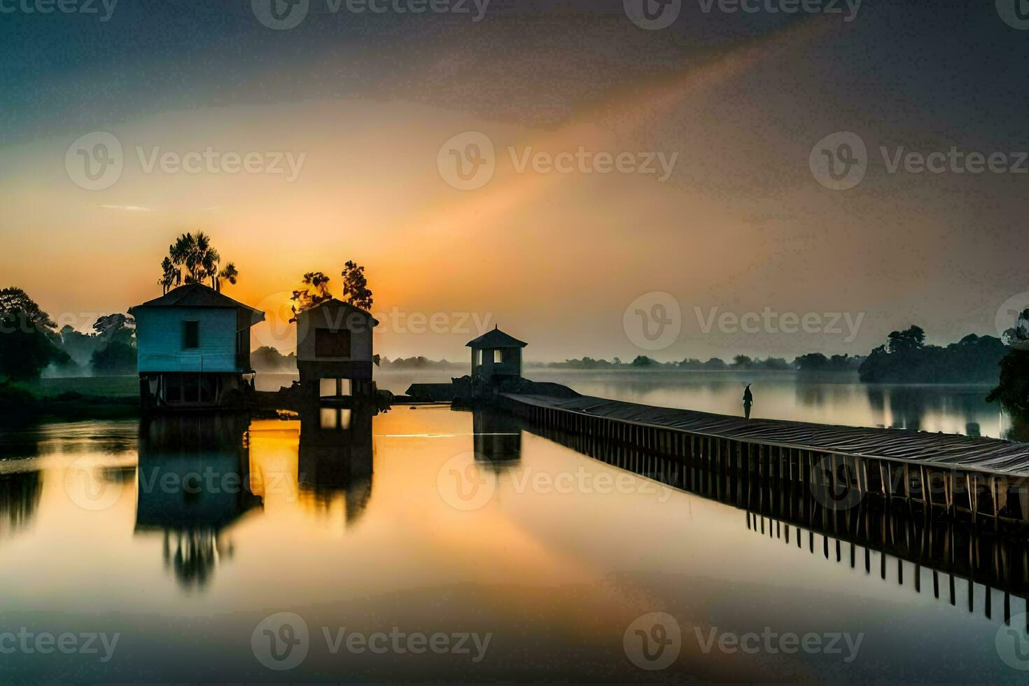 une magnifique lever du soleil plus de une Lac avec deux Maisons sur il. généré par ai photo