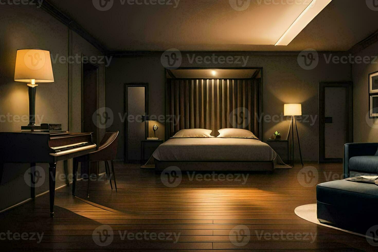 une chambre avec une lit, une piano et une lampe. généré par ai photo