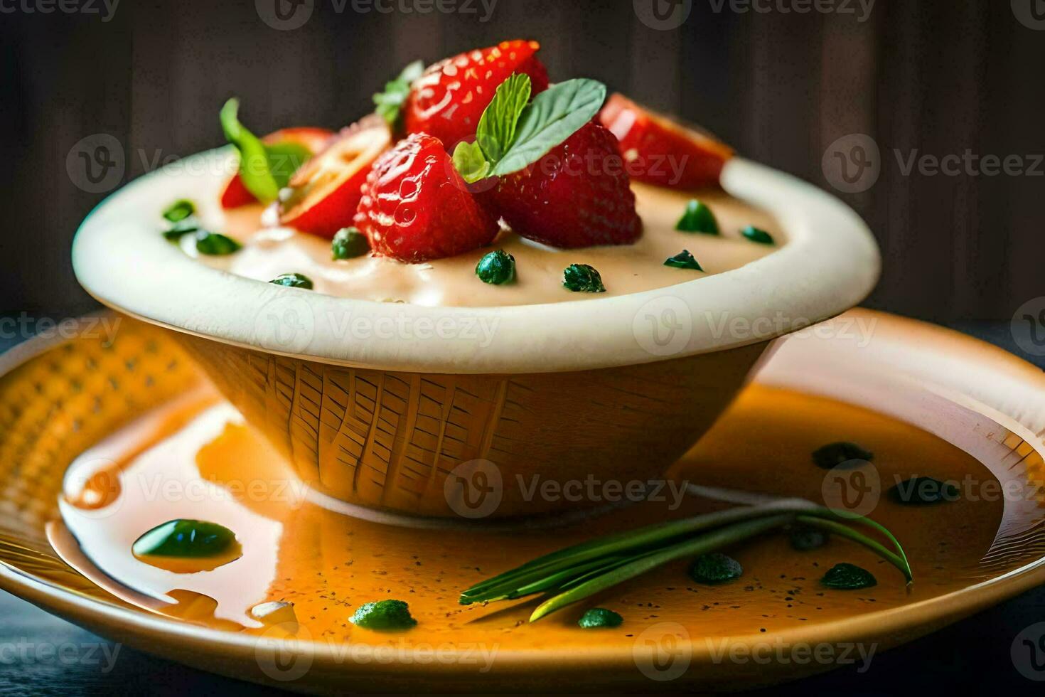 une dessert avec des fraises et menthe. généré par ai photo