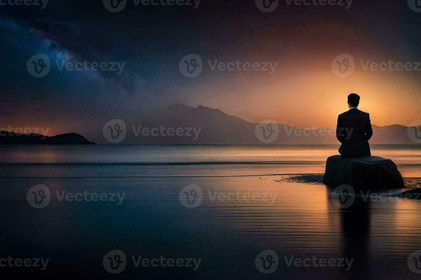 une homme est assis sur une Roche dans de face de le océan à le coucher du soleil. généré par ai photo