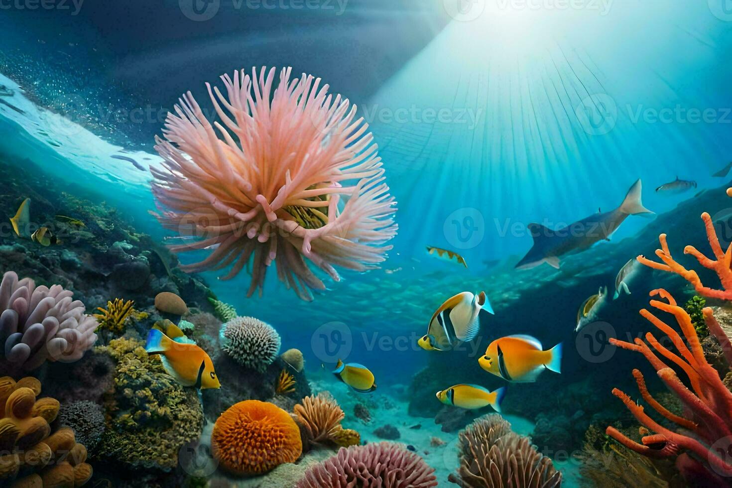 le Soleil brille plus de une corail récif avec poisson et un anémone. généré par ai photo