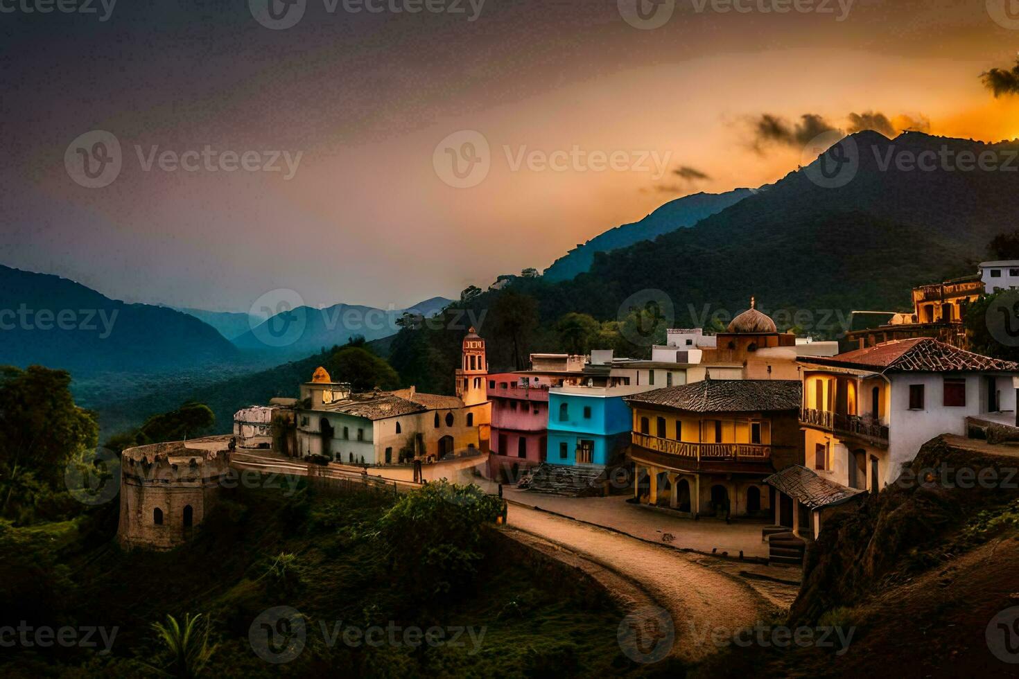 photo fond d'écran le ciel, montagnes, coucher de soleil, le village, le coucher de soleil, le village, le. généré par ai