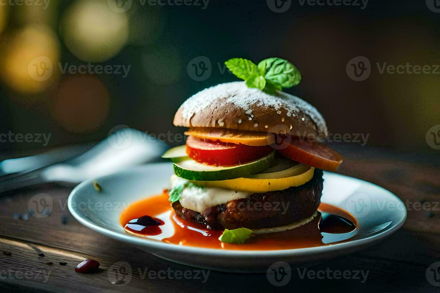 une Burger avec des légumes et sauce sur une plaque. généré par ai photo