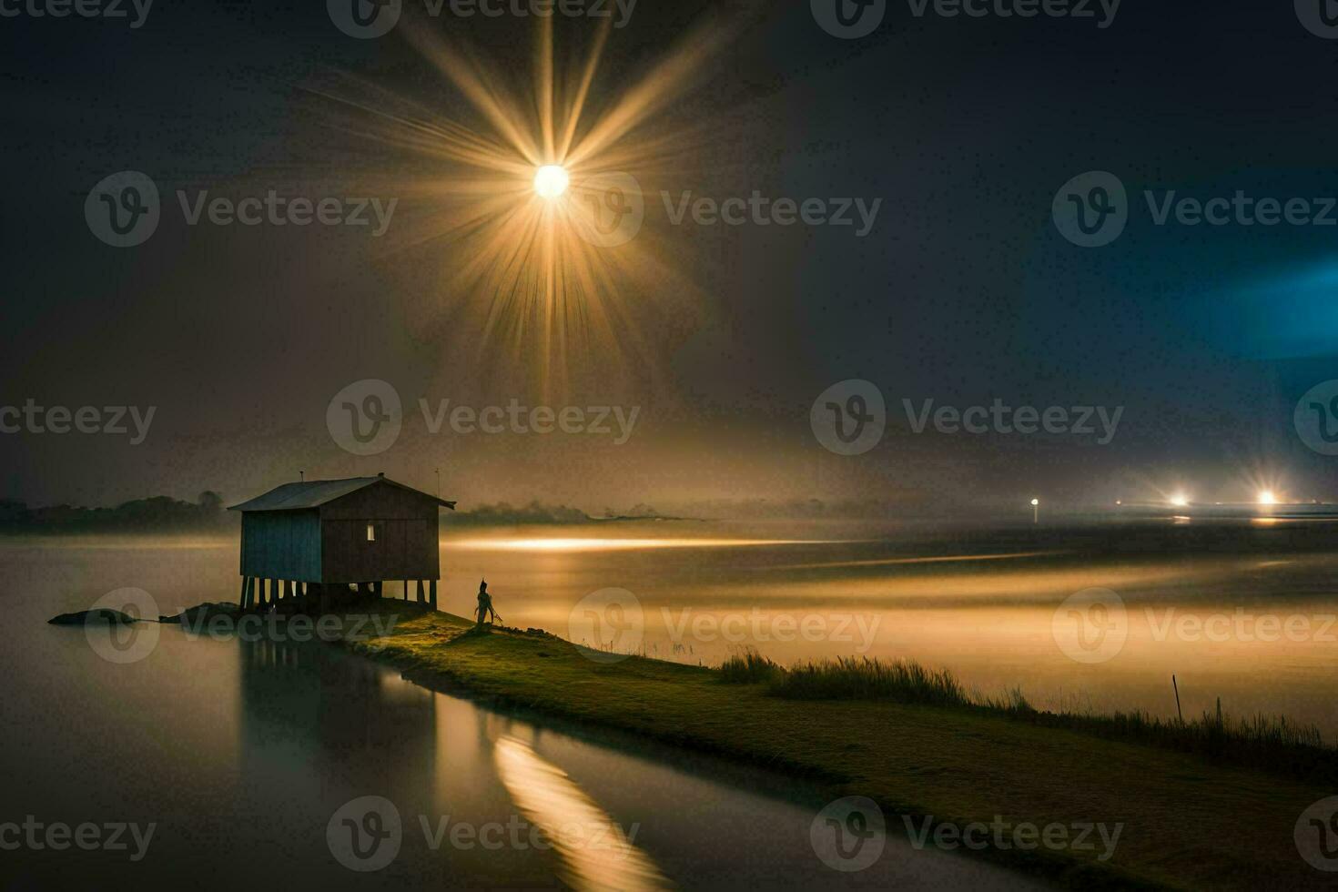 une bateau maison sur le l'eau à nuit. généré par ai photo