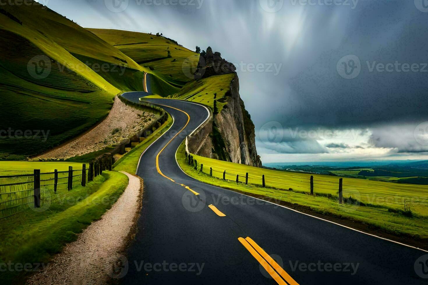 une enroulement route dans le milieu de une vert champ. généré par ai photo