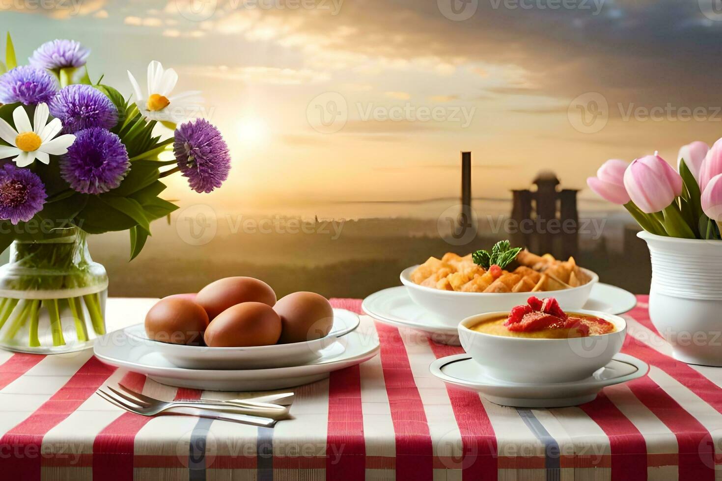 petit déjeuner sur le table avec fleurs et des œufs. généré par ai photo