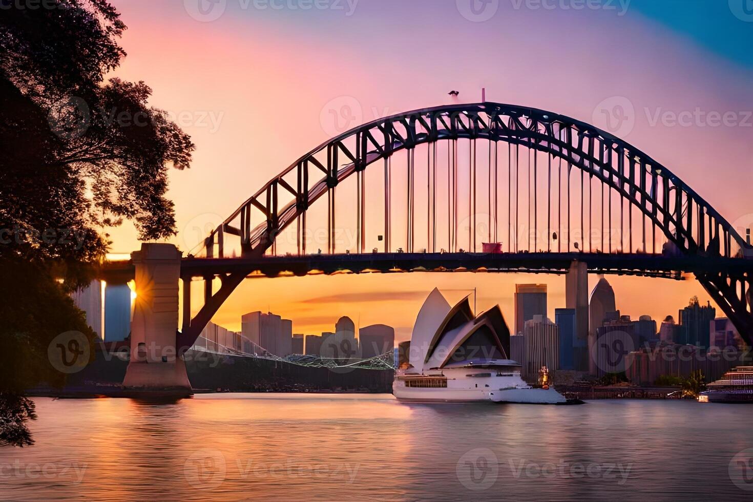 Sydney port pont à le coucher du soleil. généré par ai photo