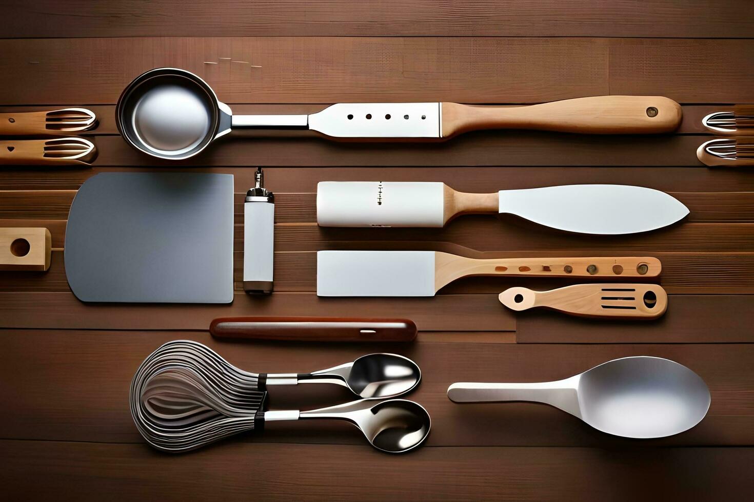 une collection de cuisine ustensiles arrangé sur une en bois surface. généré par ai photo