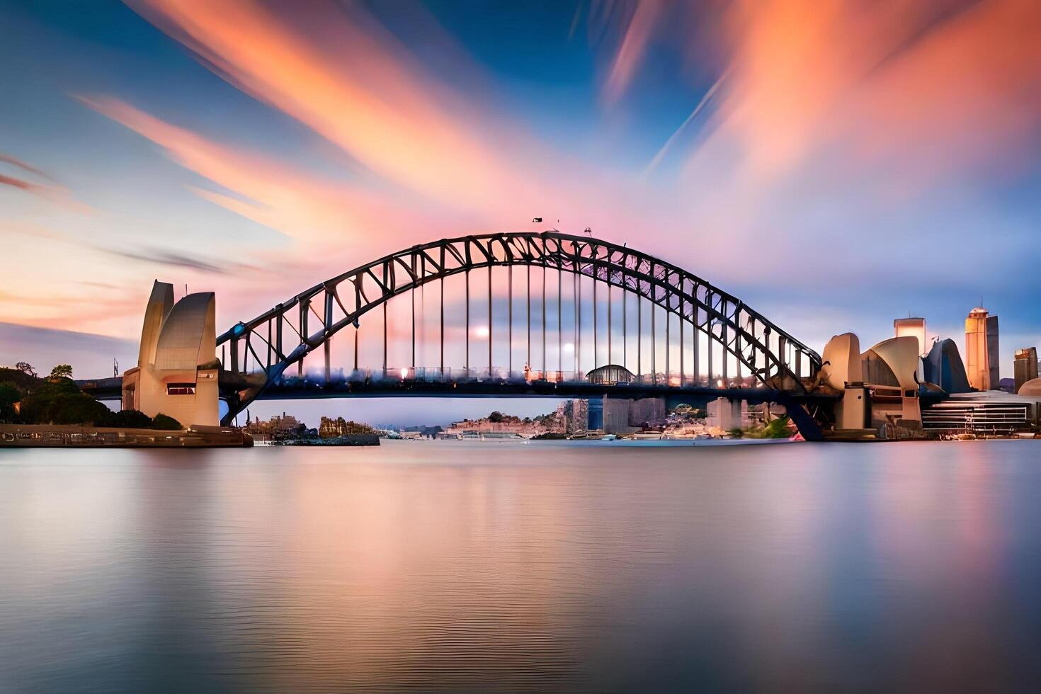 le Sydney port pont à le coucher du soleil. généré par ai photo