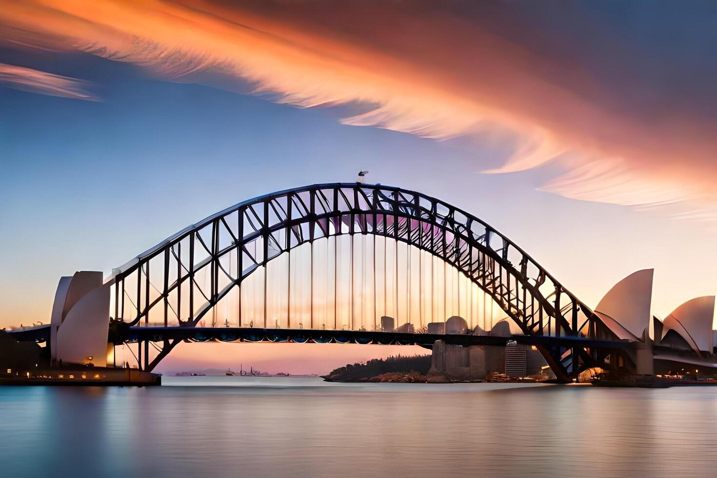 le Sydney port pont à le coucher du soleil. généré par ai photo