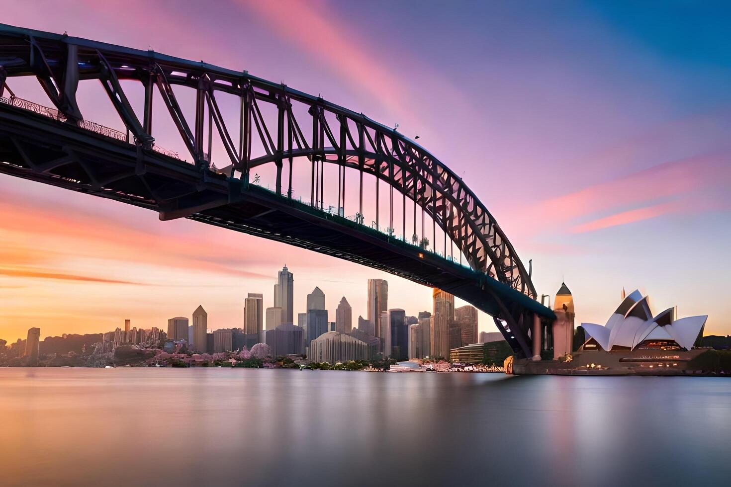 Sydney port pont à le coucher du soleil. généré par ai photo