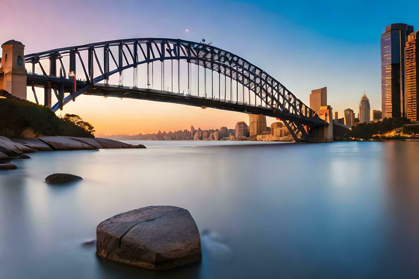 le Sydney port pont à le coucher du soleil. généré par ai photo