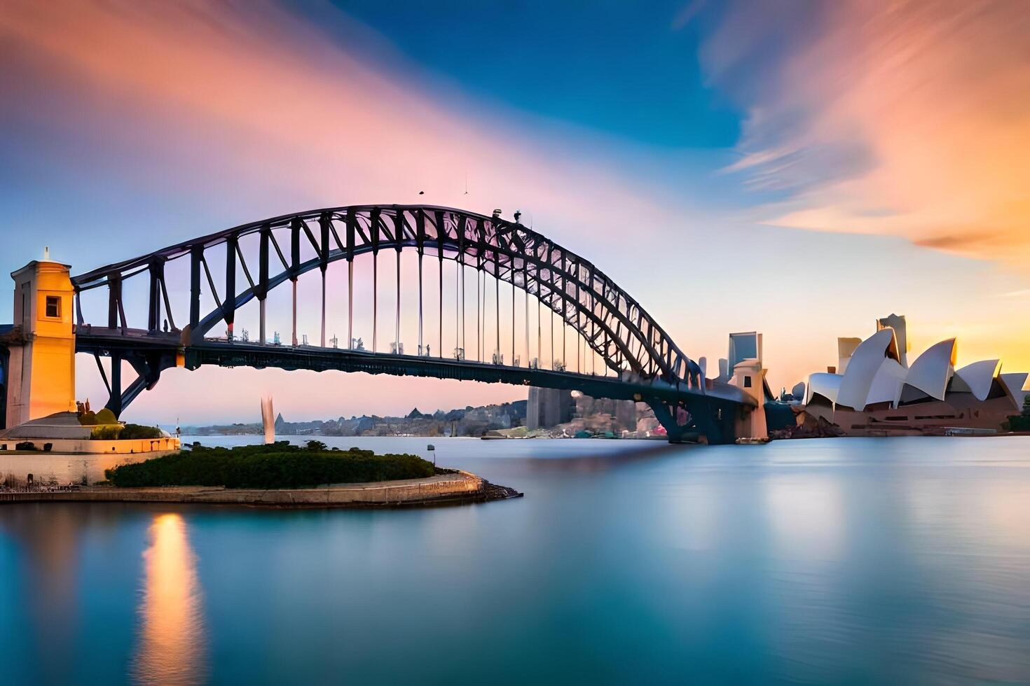 le Sydney port pont à le coucher du soleil. généré par ai photo