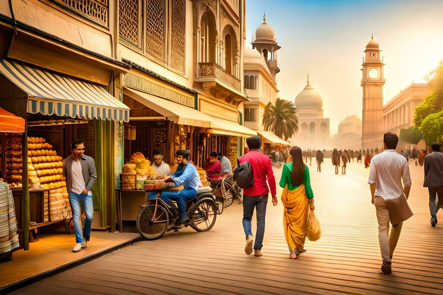 gens en marchant vers le bas une rue dans Inde. généré par ai photo