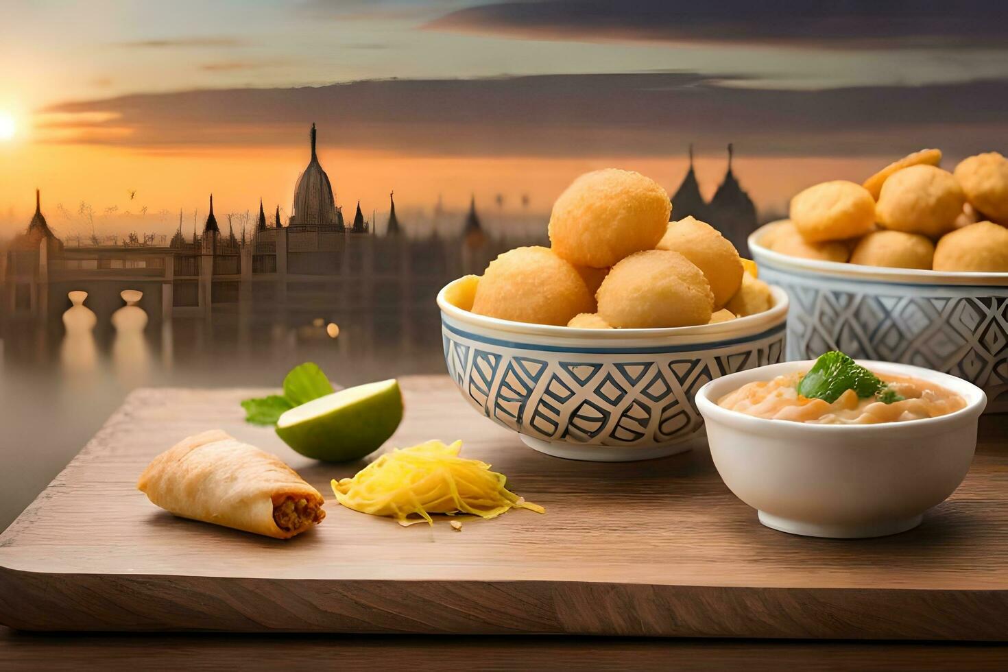 une table avec boules de nourriture et une vue de le ville. généré par ai photo