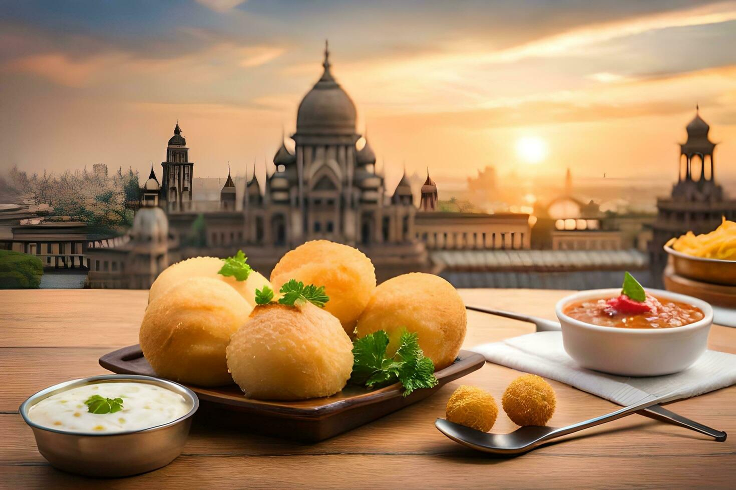 Indien nourriture sur en bois table avec ville vue dans Contexte. généré par ai photo