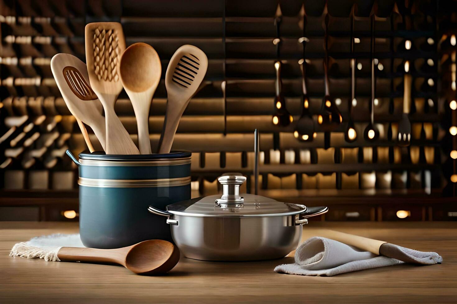 une en bois ustensile ensemble sur une table avec une en bois cuillère et une en bois poêle. généré par ai photo