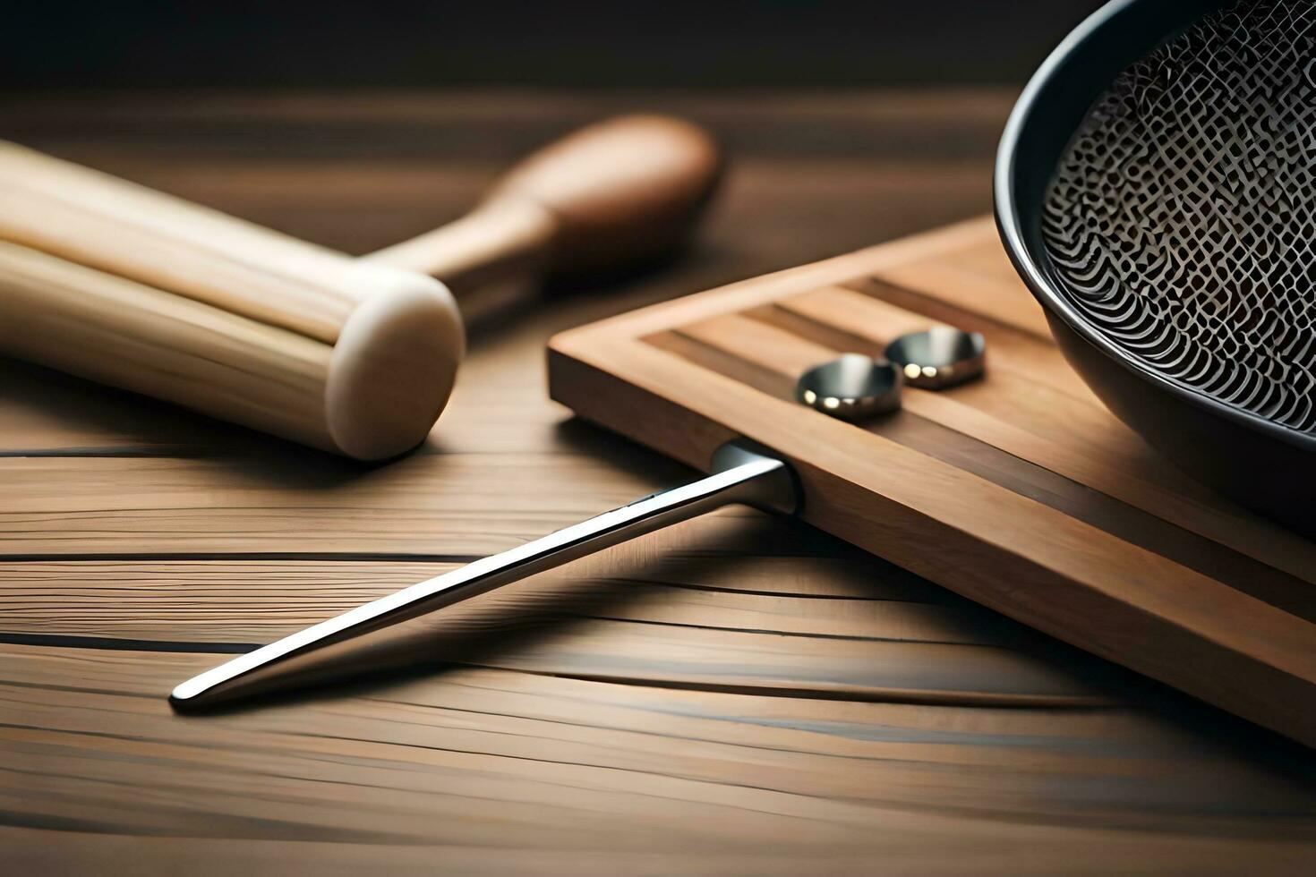 une en bois Coupe planche avec une en bois spatule et une en bois cuillère. généré par ai photo