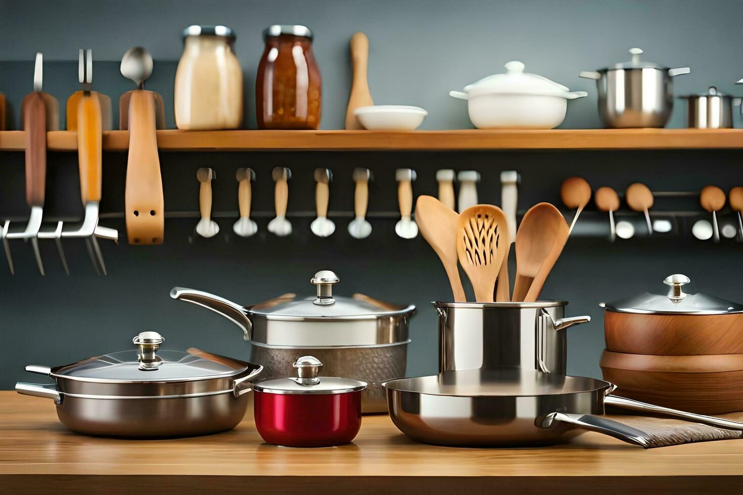 une cuisine avec beaucoup des pots et des casseroles sur une étagère. généré par ai photo