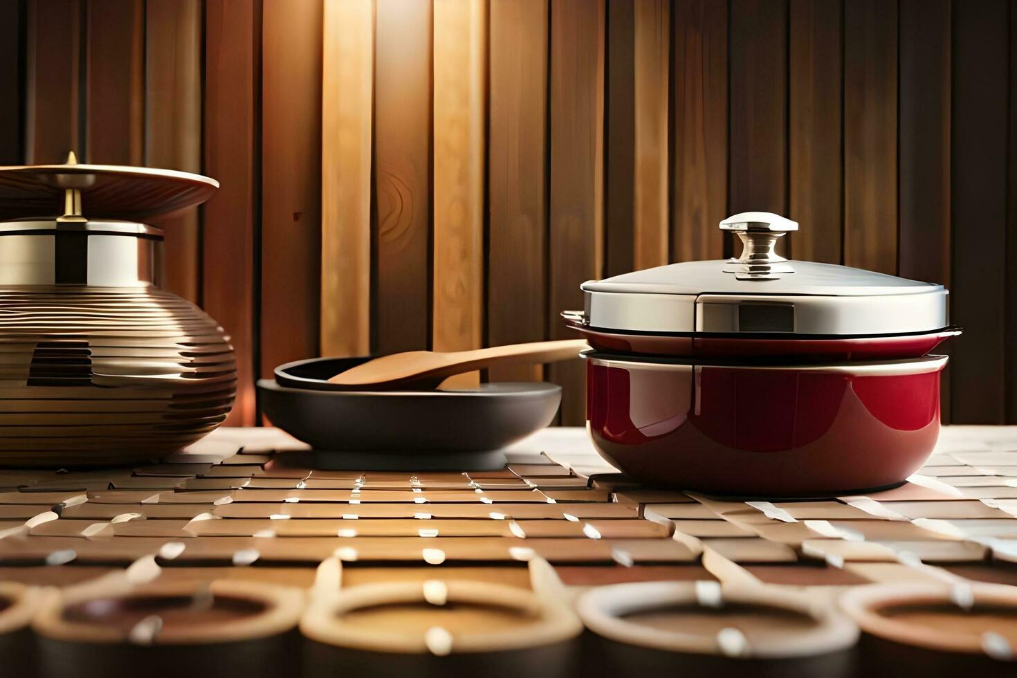 une en bois table avec des pots et des casseroles sur il. généré par ai photo
