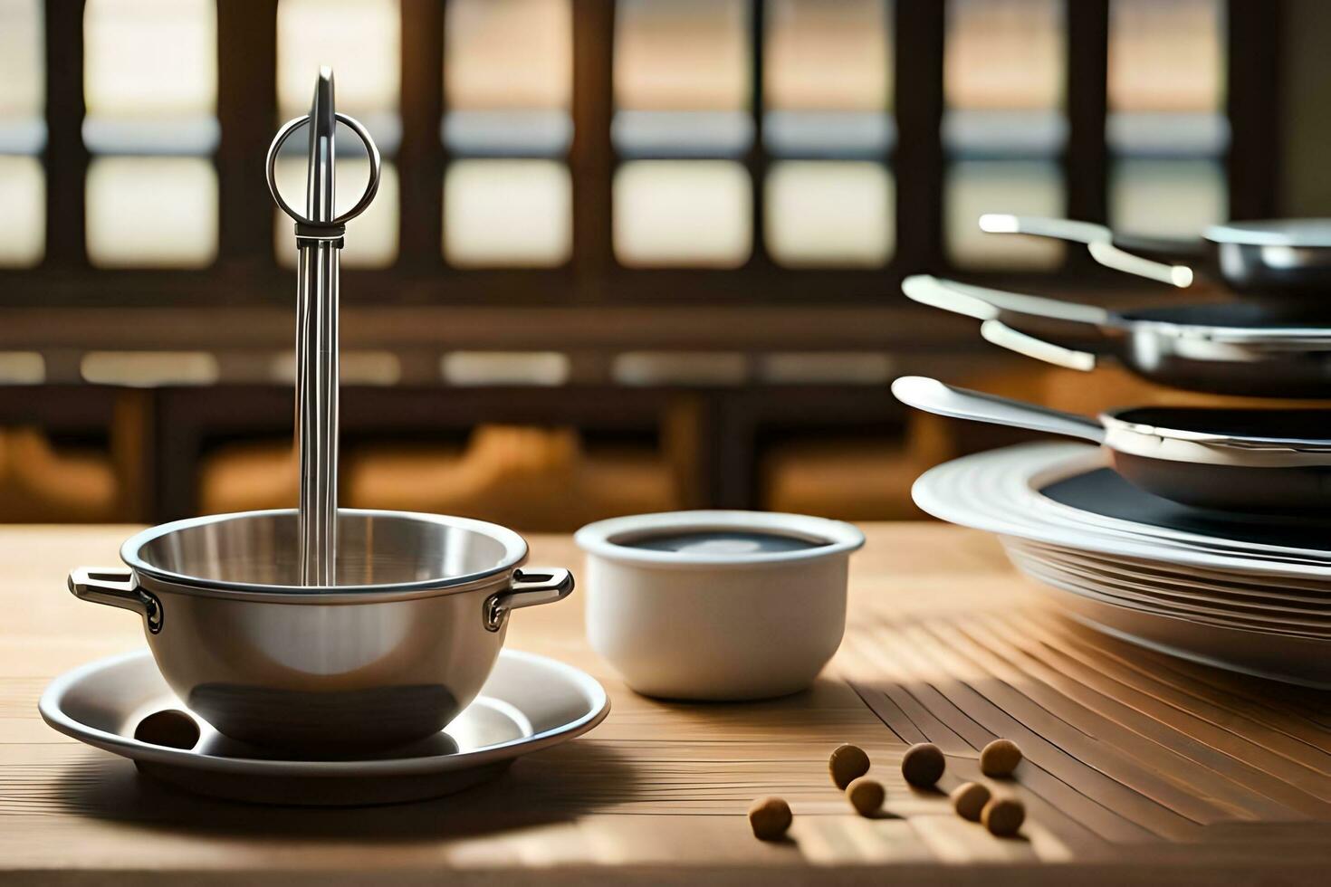 une table avec une argent bol et une cuillère. généré par ai photo