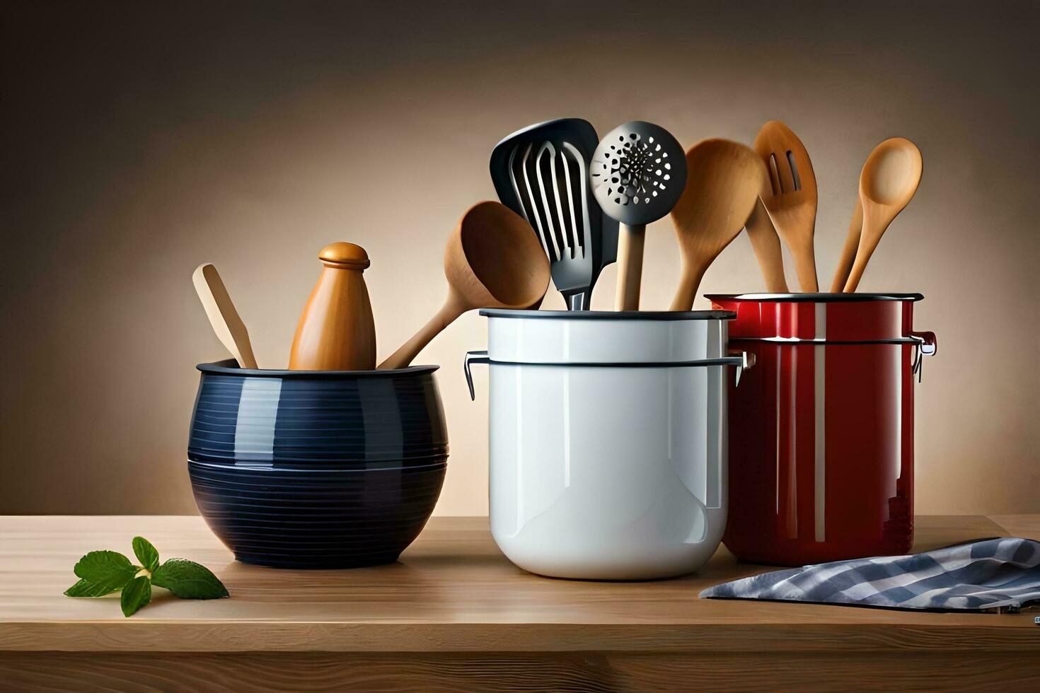 cuisine ustensiles dans une pot sur une tableau. généré par ai photo