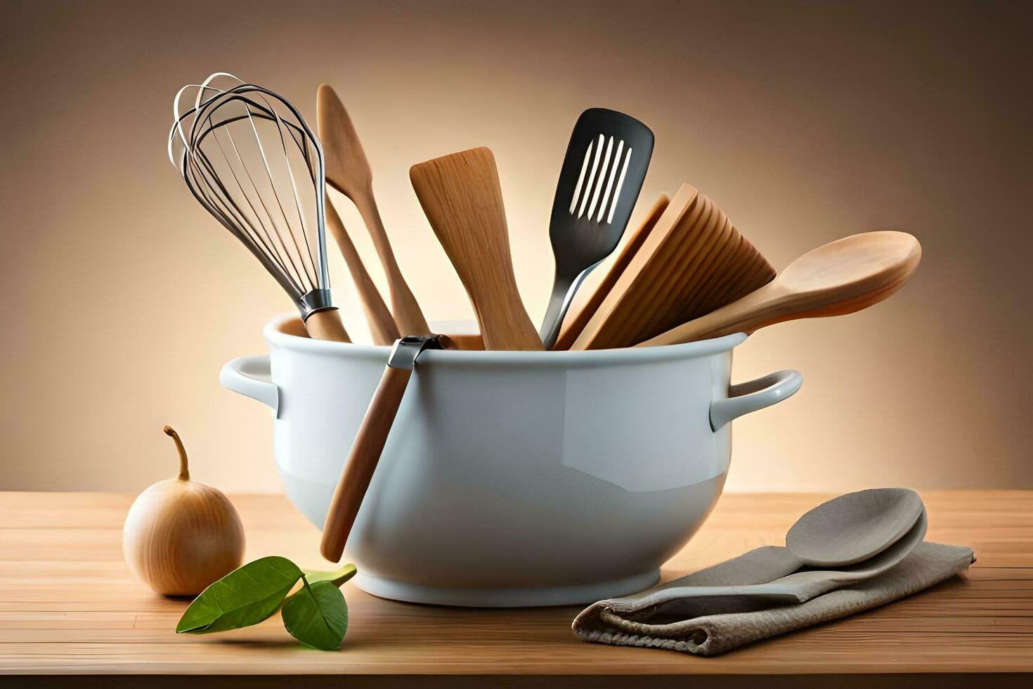 cuisine ustensiles dans une pot sur une tableau. généré par ai photo