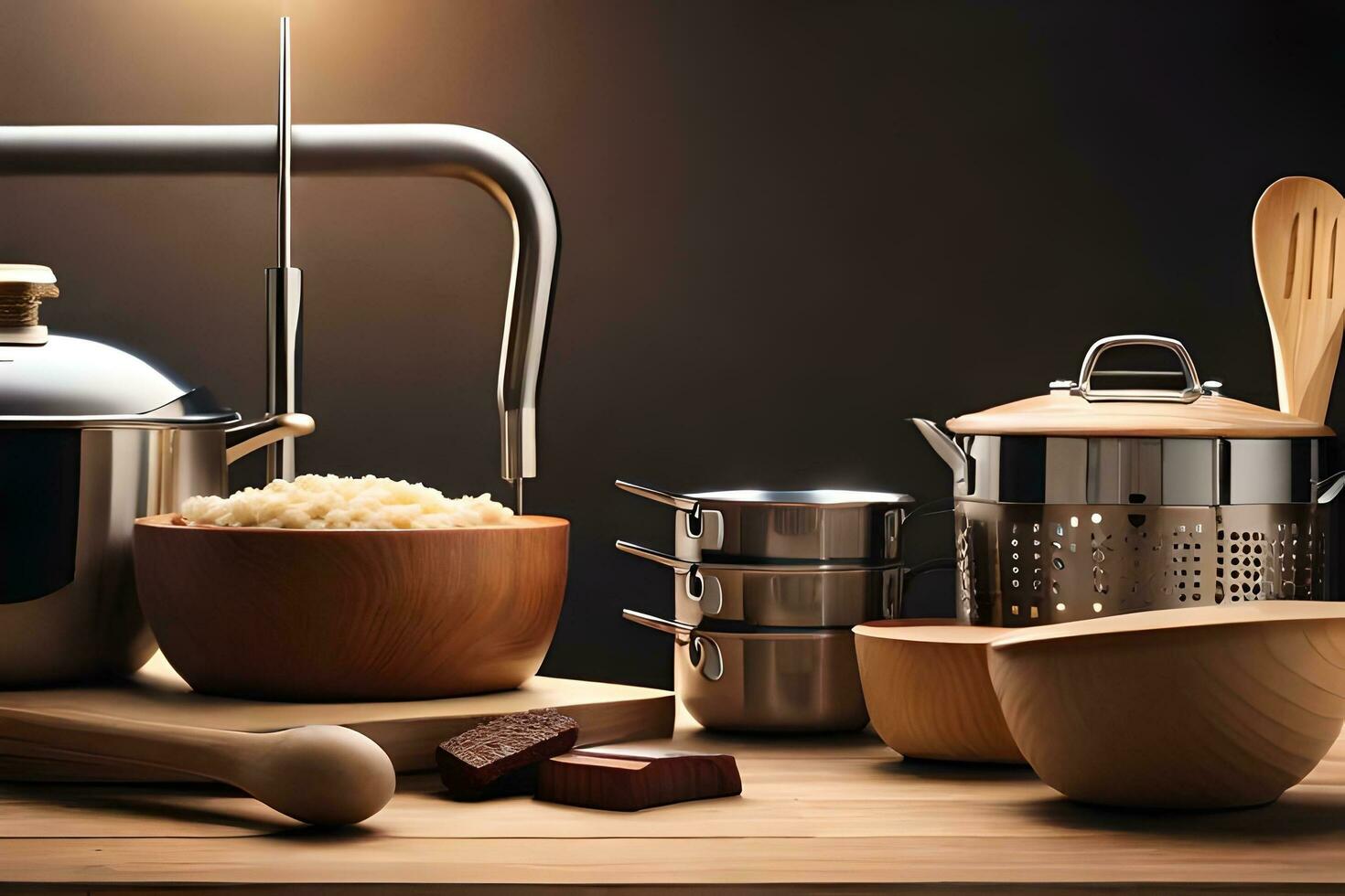 une cuisine avec des pots et des casseroles, une en bois cuillère et une en bois bol. généré par ai photo