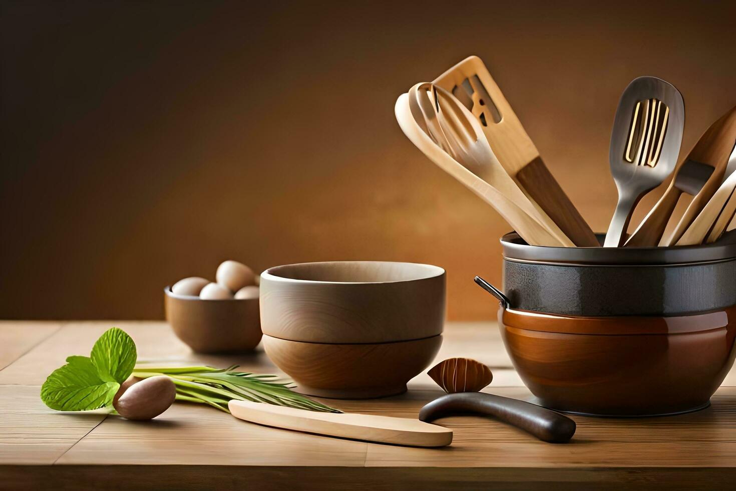 une en bois table avec ustensiles et cuillères. généré par ai photo