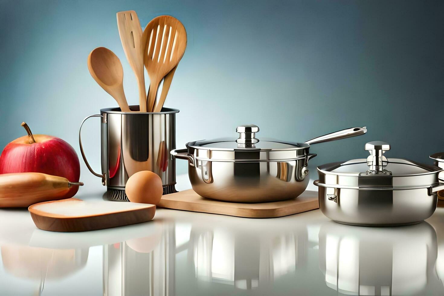 une cuisine avec des pots et des casseroles, en bois cuillères et un Pomme. généré par ai photo