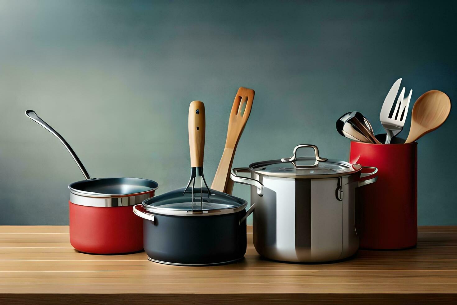 une groupe de des pots et des casseroles sur une tableau. généré par ai photo