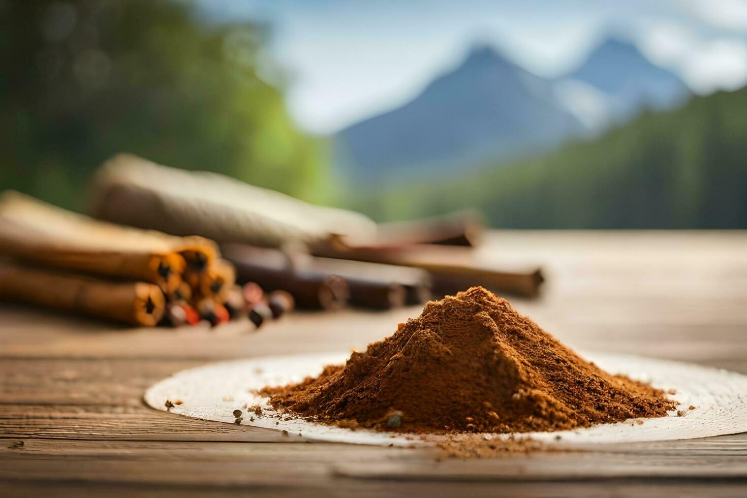 cannelle poudre sur une table avec montagnes dans le Contexte. généré par ai photo