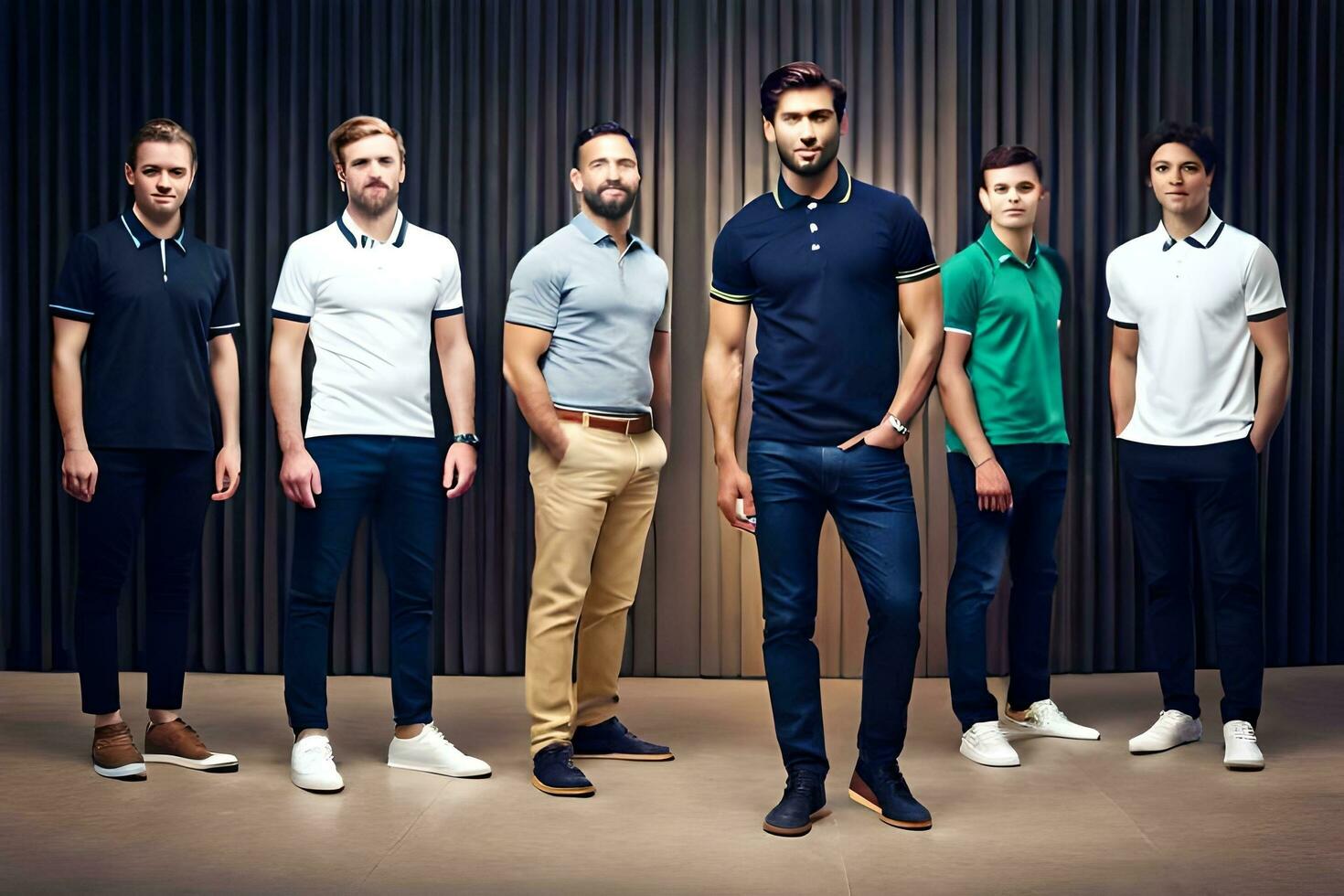 une groupe de Hommes dans différent couleurs de polo chemises. généré par ai photo