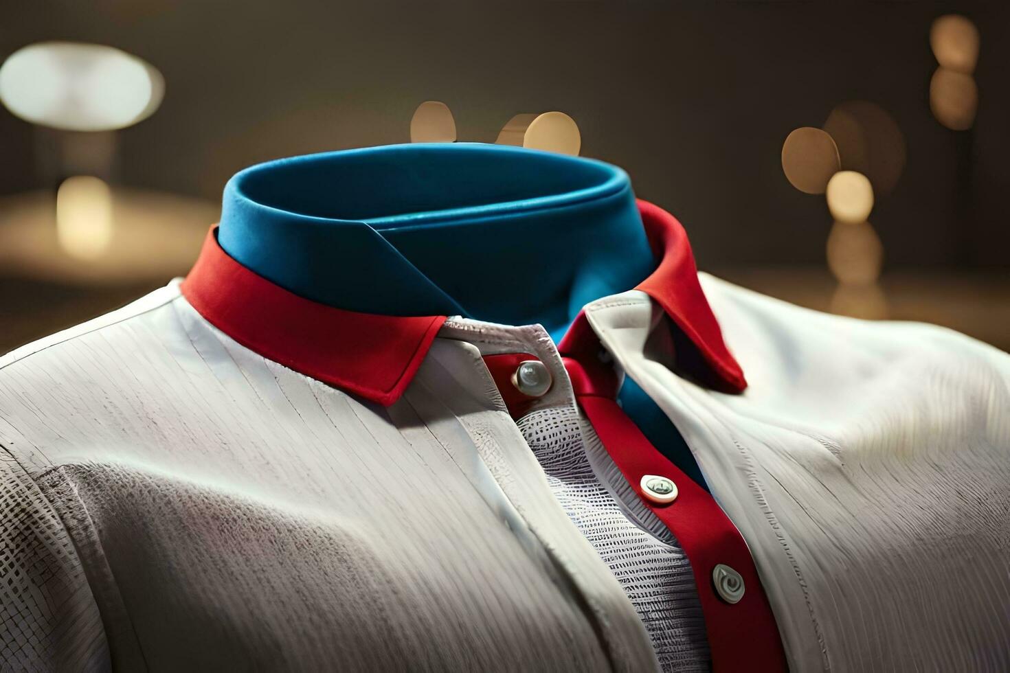 une proche en haut de une blanc chemise avec rouge et bleu collier. généré par ai photo