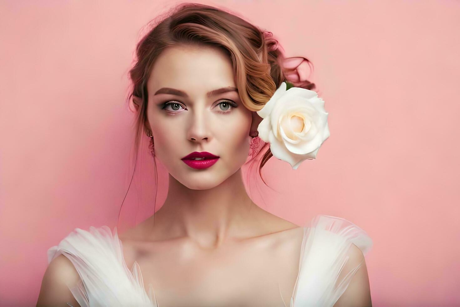 magnifique femme avec blanc Rose sur rose Contexte. généré par ai photo