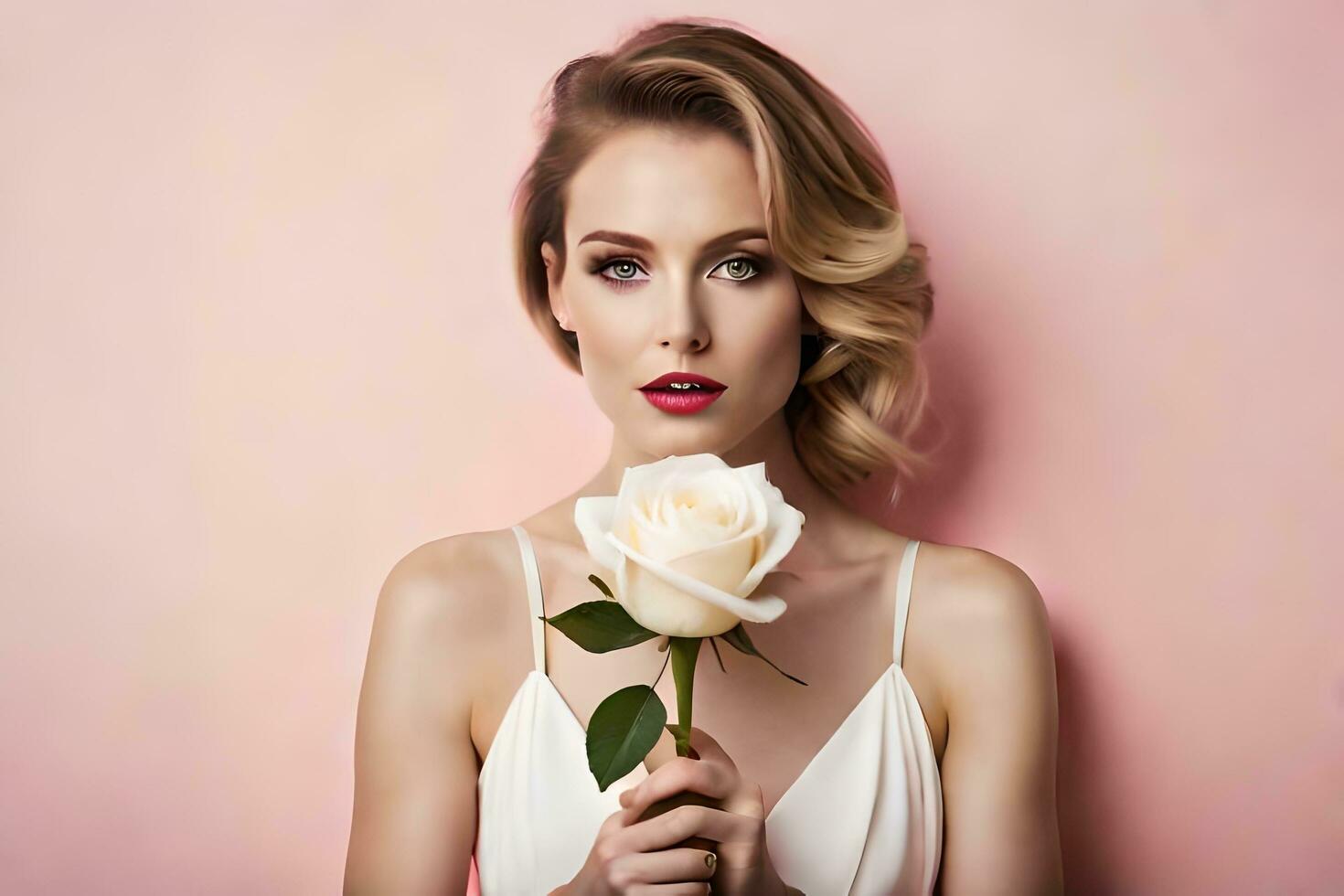 magnifique femme avec blanc Rose sur rose Contexte. généré par ai photo