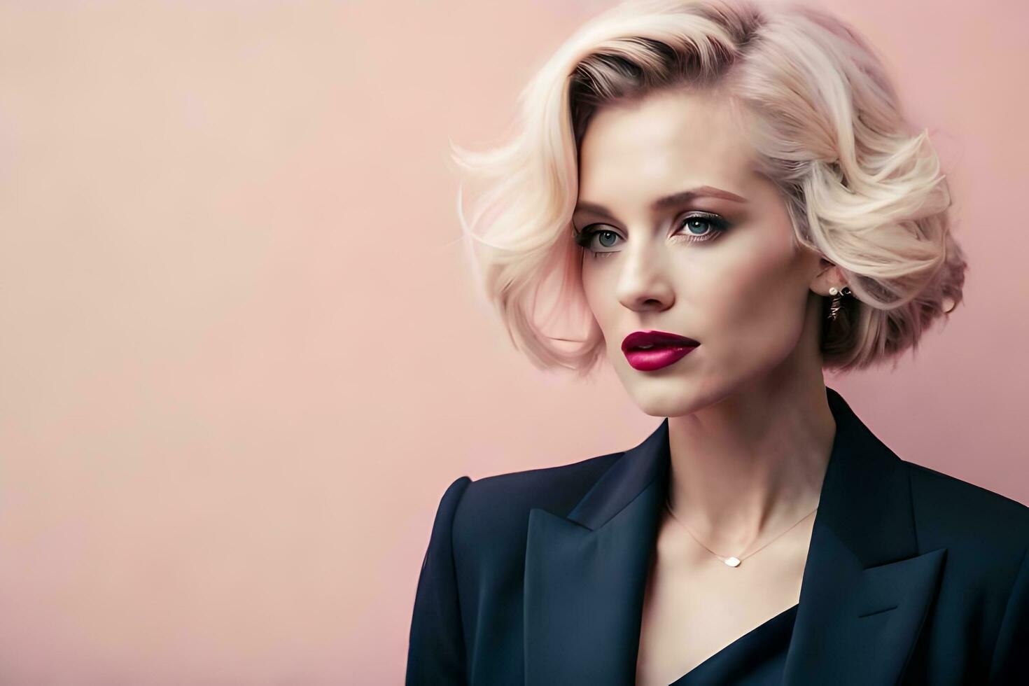 une femme avec une court blond cheveux et une noir costume. généré par ai photo