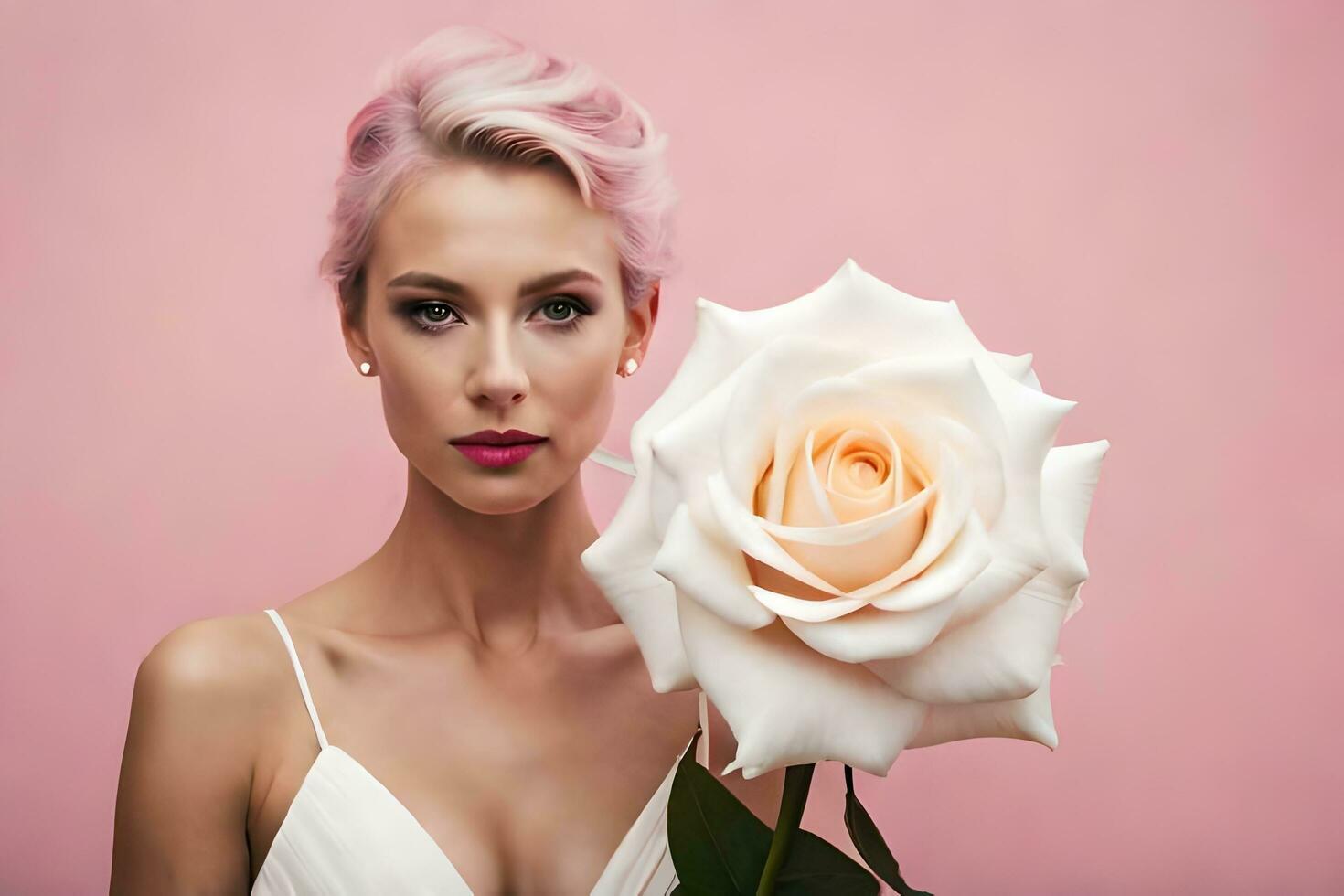 magnifique femme avec rose cheveux en portant une blanc Rose. généré par ai photo