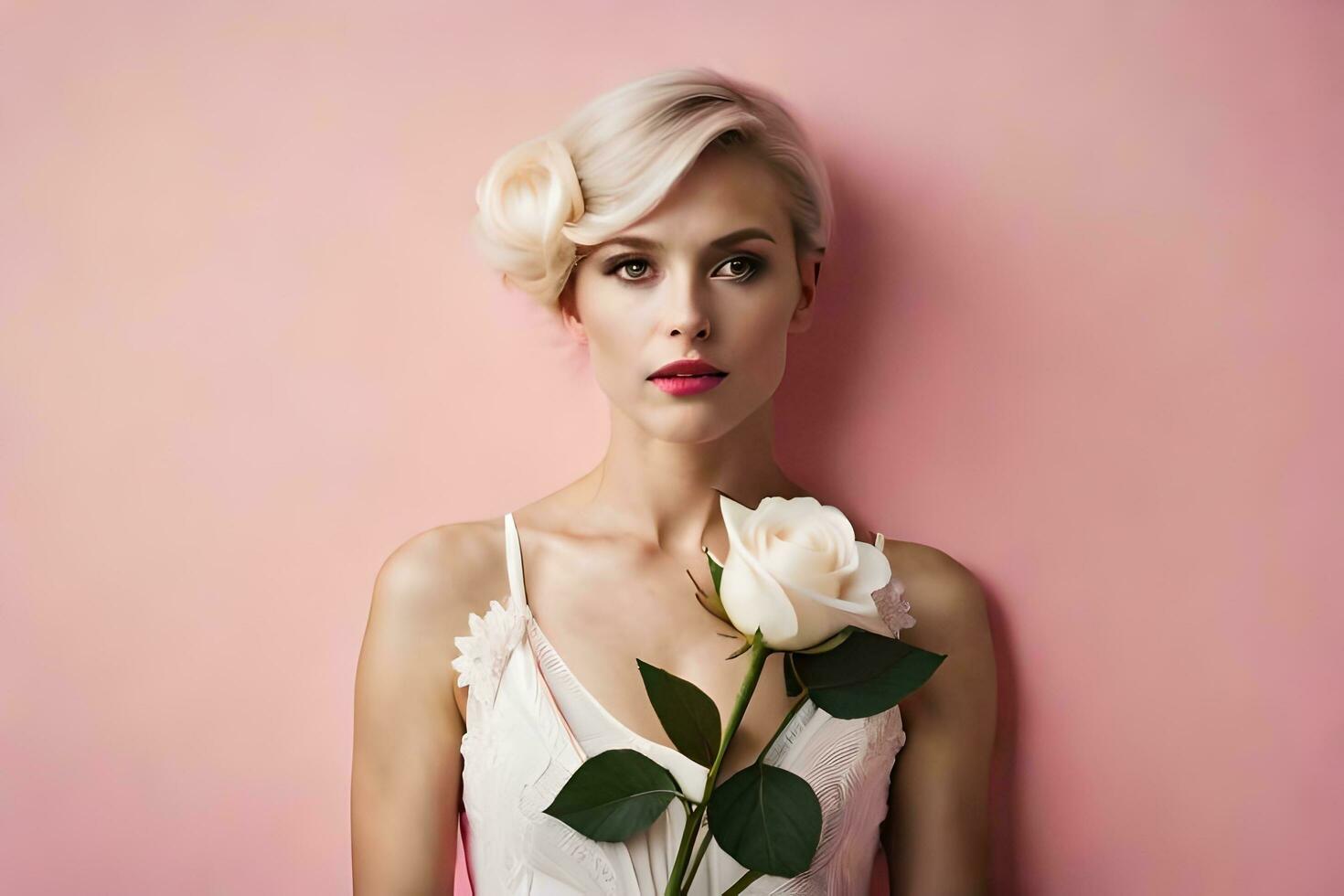 une femme dans une blanc robe en portant une Rose. généré par ai photo