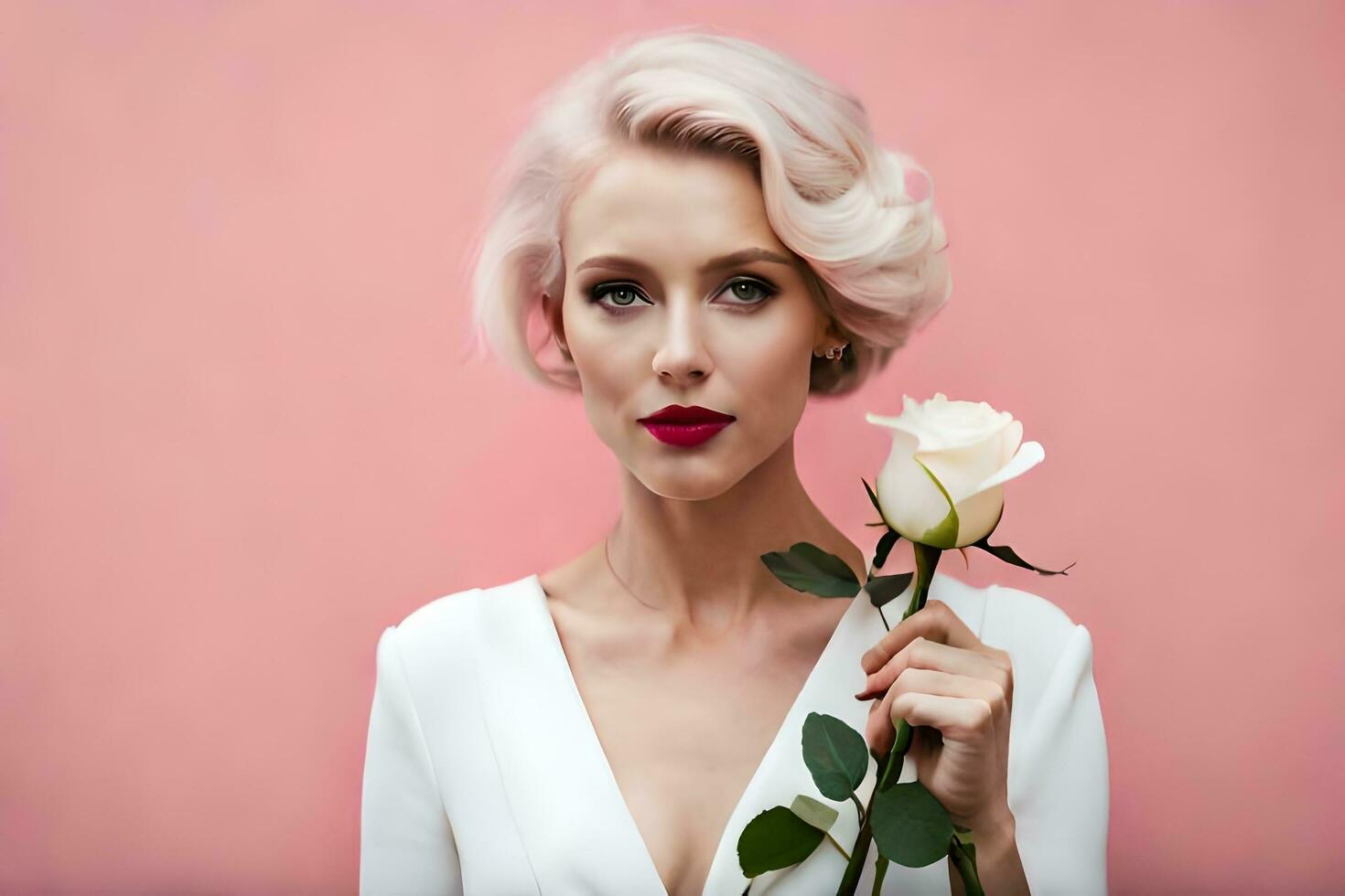 une femme avec court blanc cheveux et rouge lèvres en portant une Rose. généré par ai photo