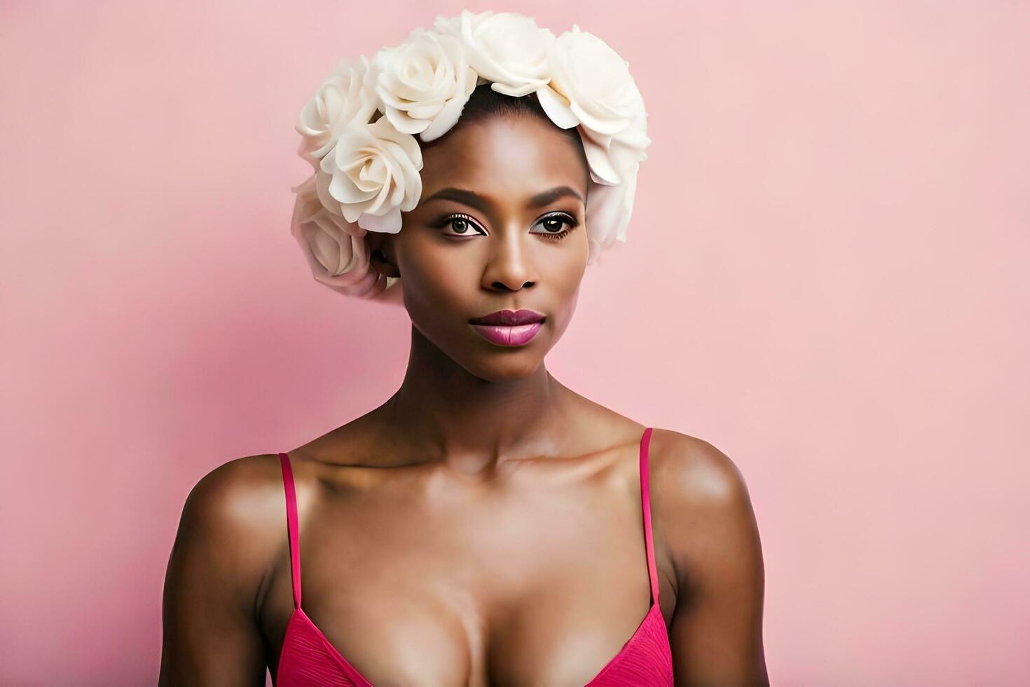 magnifique noir femme portant une fleur couronne. généré par ai photo