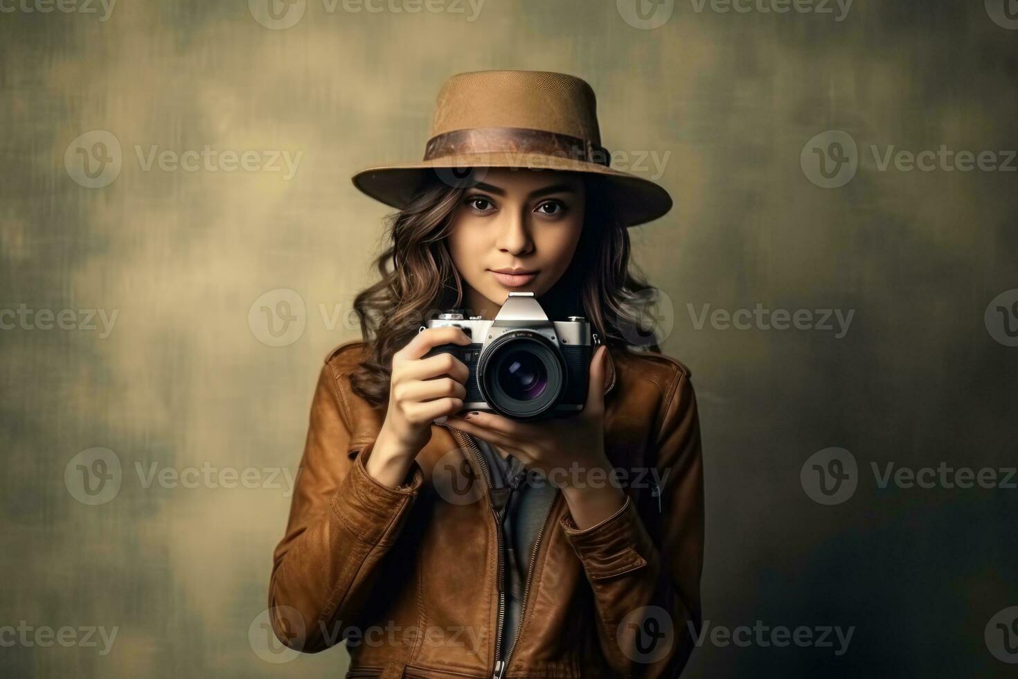 portrait une femme dans une chapeau en portant une caméra. génératif ai photo