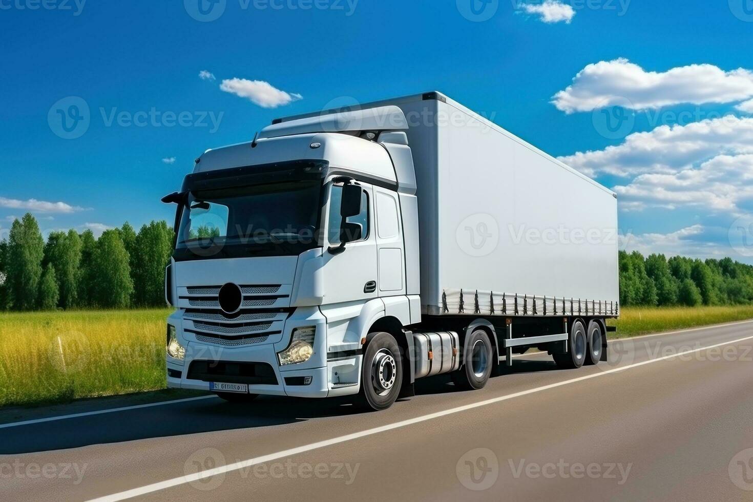 une un camion est conduite sur le voie express. là sont vert des arbres et pelouses sur le bord de la route. génératif ai photo