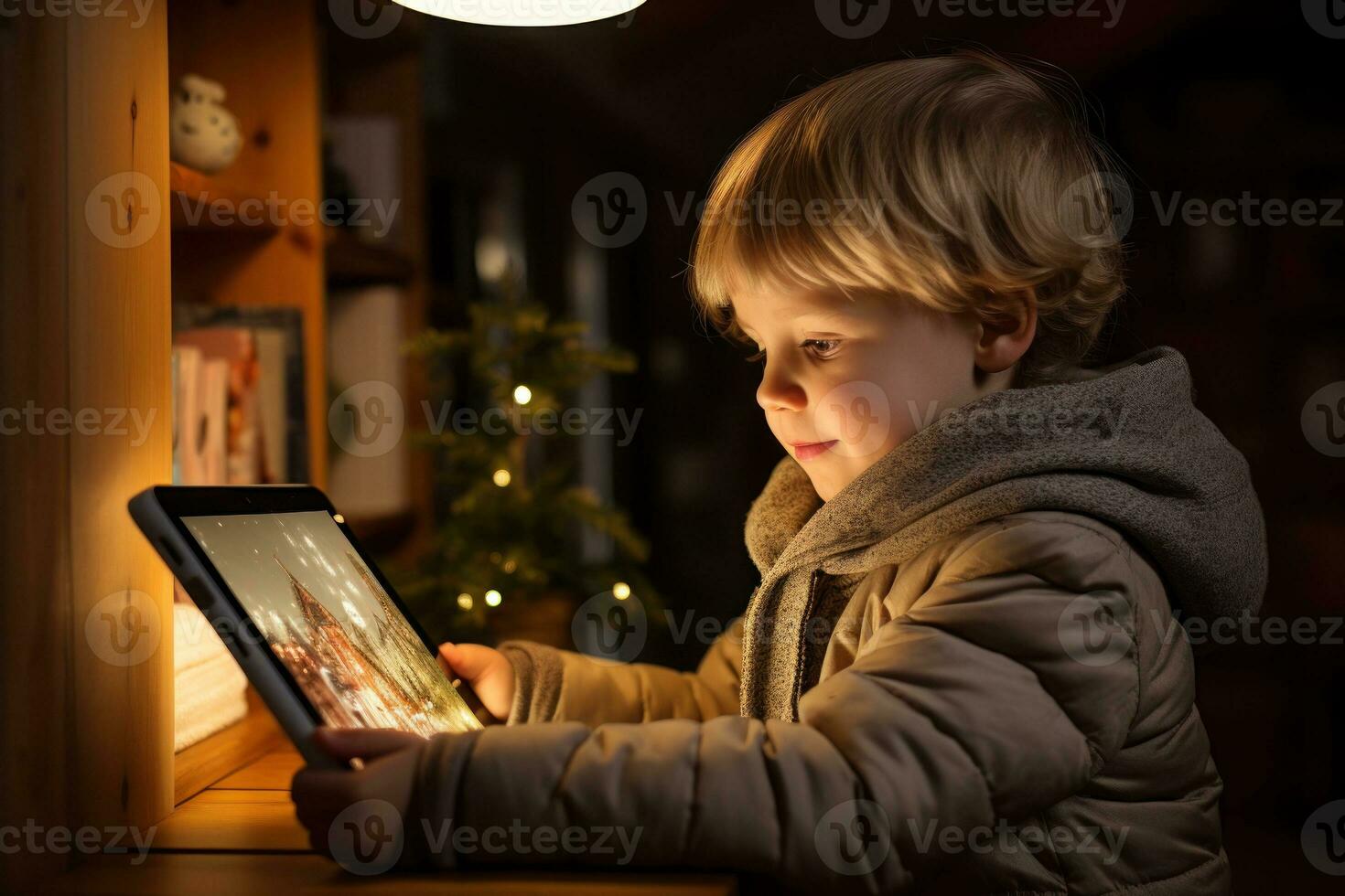 groupe de Jeune les enfants en portant tablette et cache visages, gen alpha. génératif ai photo