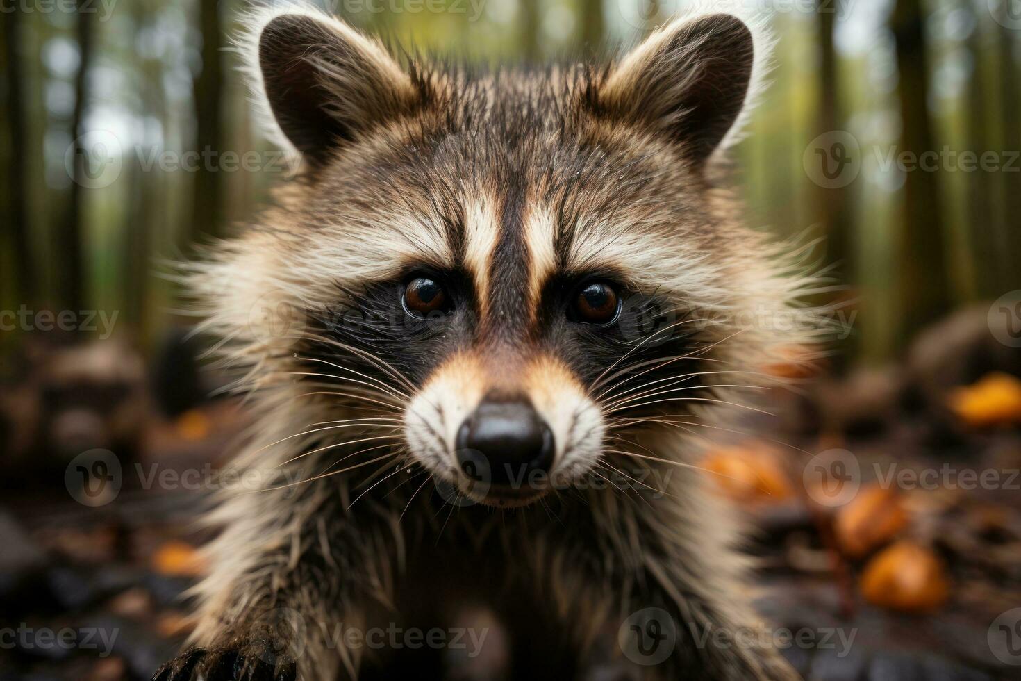 une fermer coup de une mignonne raton laveur frappant affronter, ses concentré yeux, documentaire photo. génératif ai photo