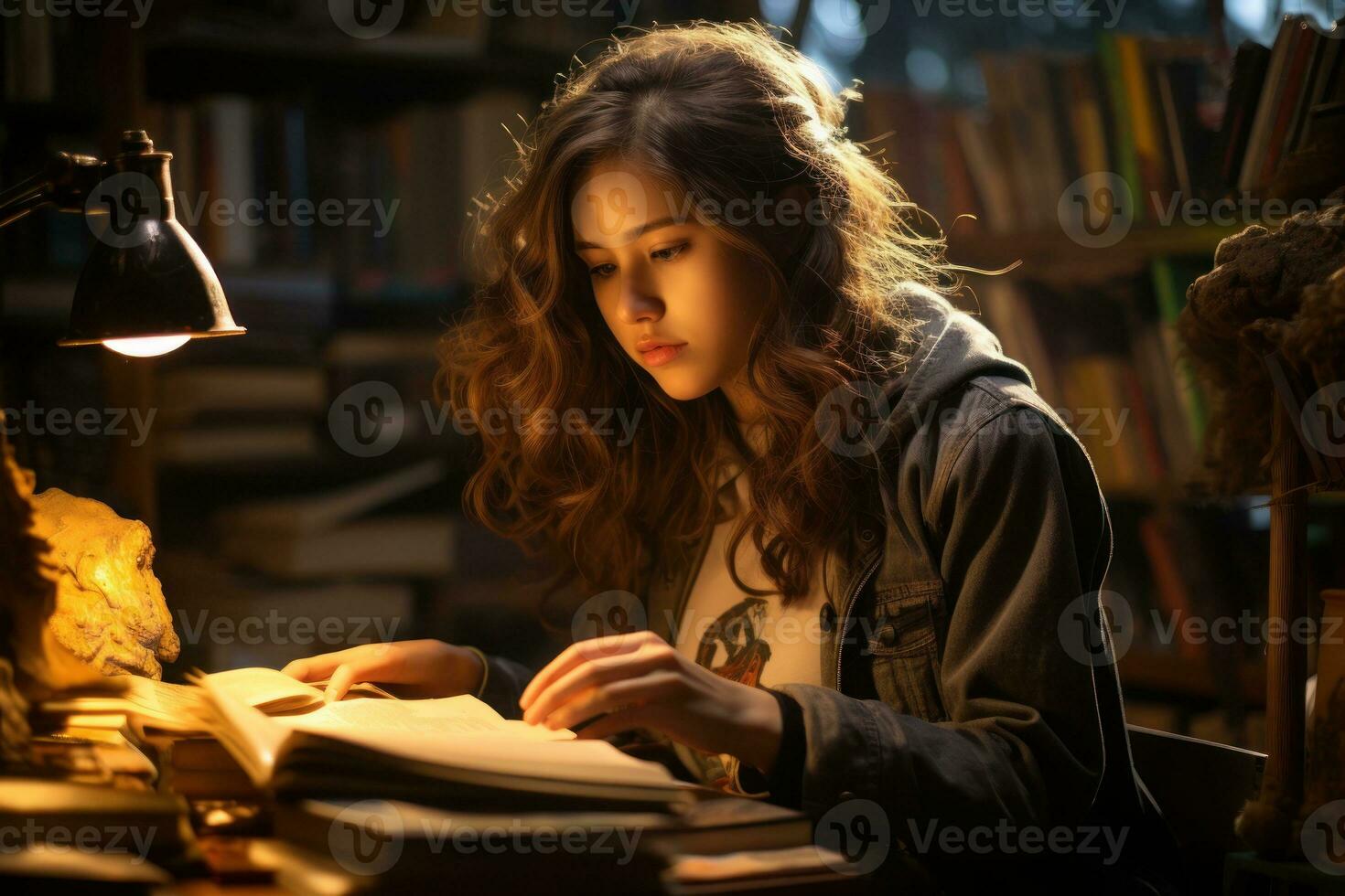 fille dans le bibliothèque de le école découvrir une livre. génératif ai photo