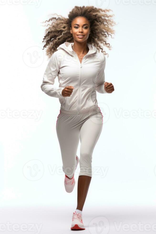 africain femelle le jogging content et énergique blanc Contexte génératif ai photo