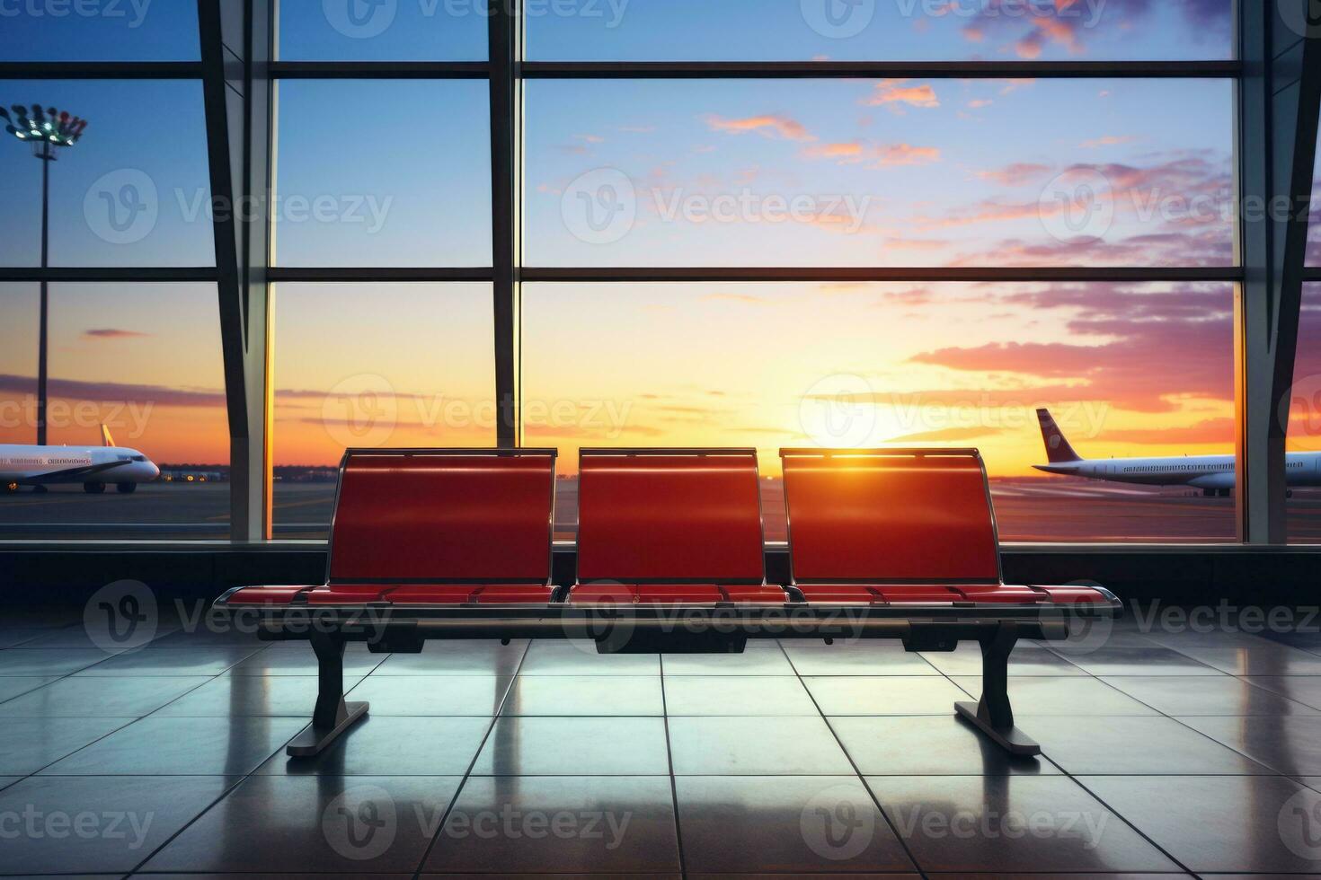 aéroport salon avec un avion dans le flou Contexte. génératif ai. photo