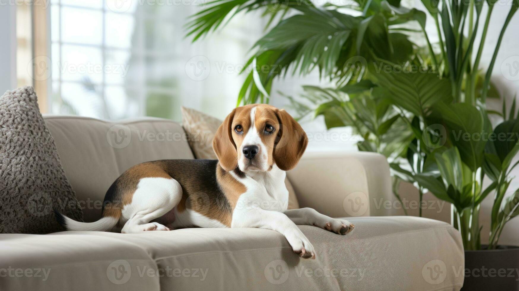 moderne vivant pièce intérieur. mignonne beagle sur canapé. génératif ai photo