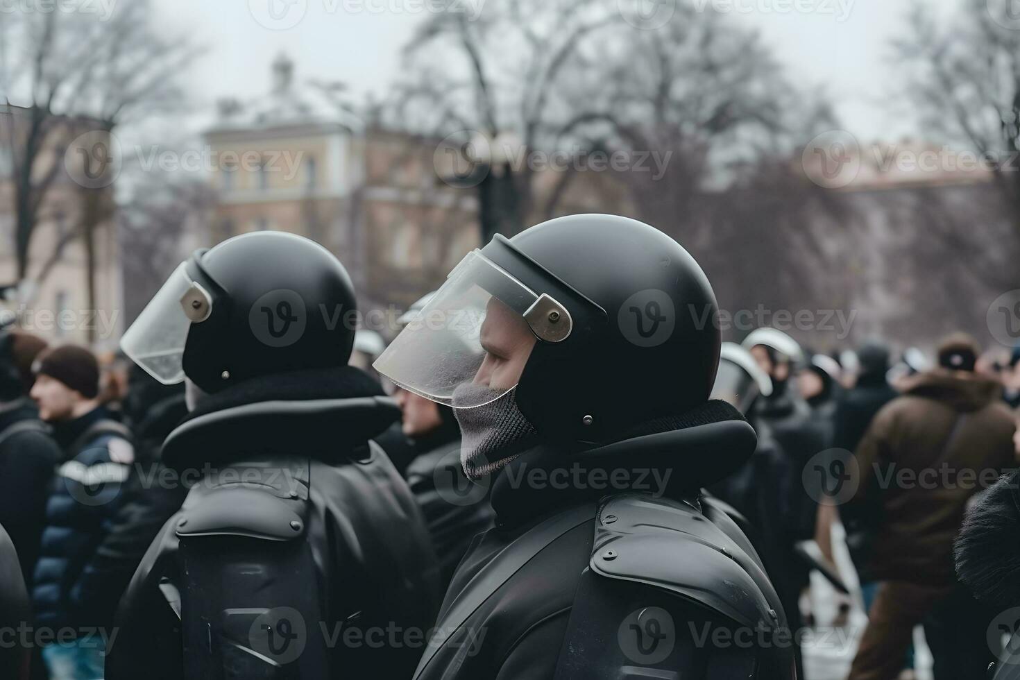 faible angle de anonyme police soldats dans protecteur uniformes et casques permanent contre équipe van et défendre par émeute Boucliers. neural réseau ai généré photo